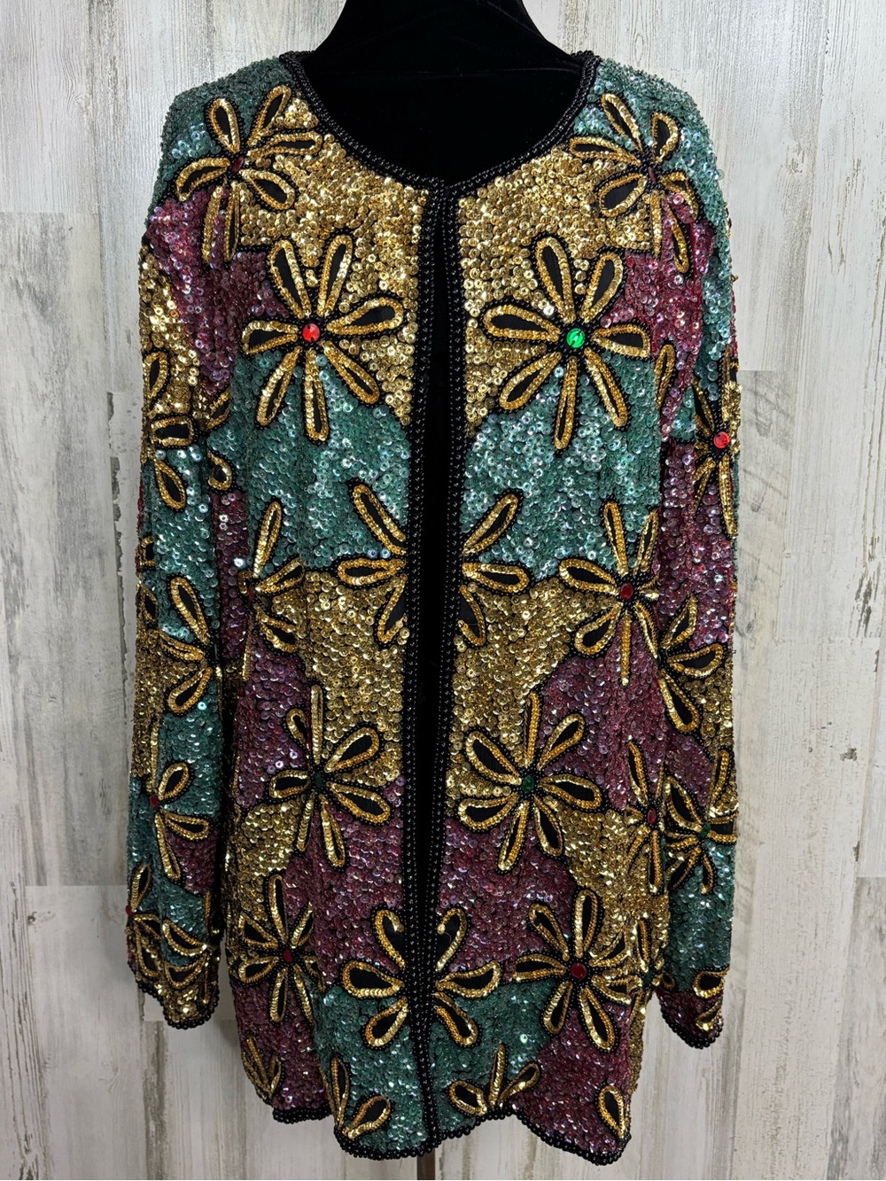 Royal Feelings Vintage 80’s Multicolor Sequin Floral Silk Open-Front Jacket